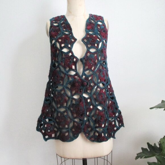 Vintage Crochet Vest Teal and Burgundy - Picture 1 of 6